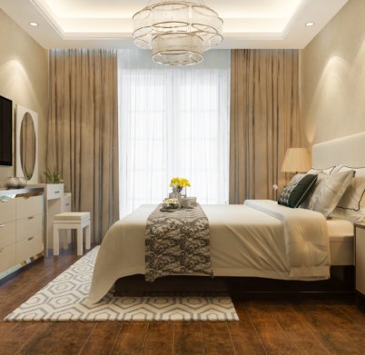 3d rendering beautiful luxury bedroom suite in hotel with tv and chandelier