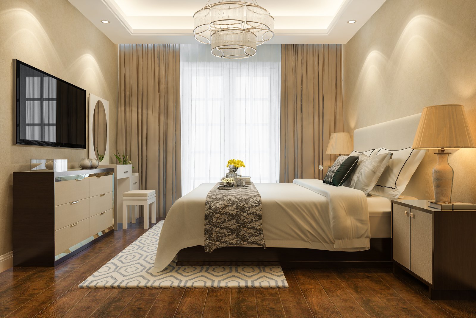 3d rendering beautiful luxury bedroom suite in hotel with tv and chandelier